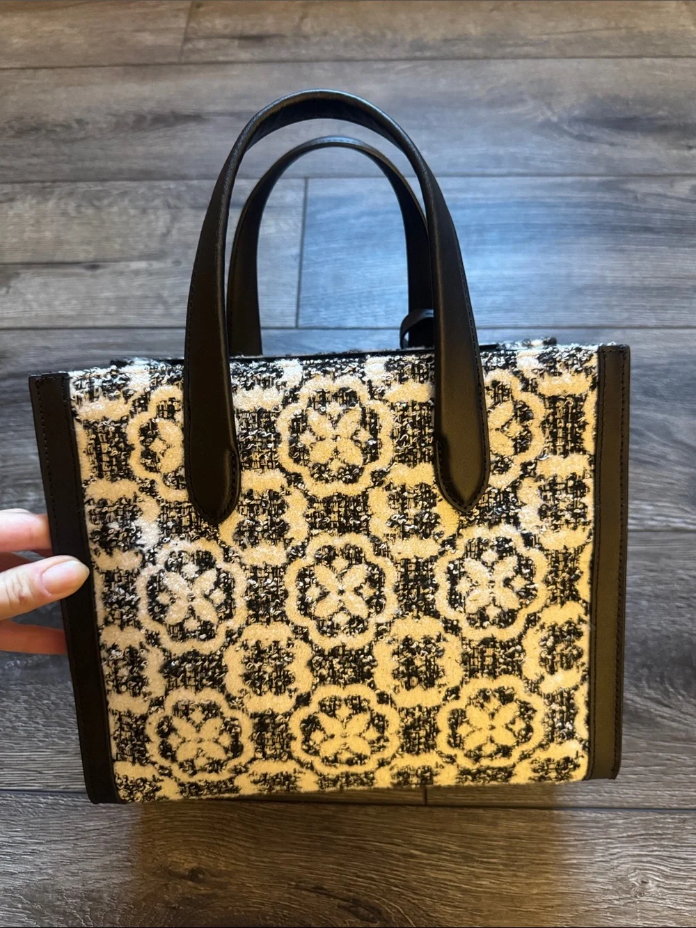 Kate Spade Black and White Textured Tote with Flowers